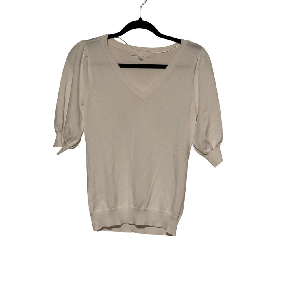 Adyson Parker White V Neck Puff Sleeve Knit Sweater Top Minimalist Career Sz S